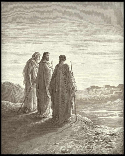 Jesus and two disciples go to emmaus