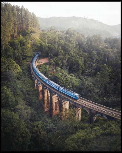 Ein Poster von einem blauen Zug, der über eine alte Brücke inmitten eines grünen Waldes fährt.