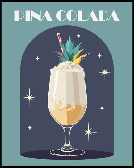 Ein Poster einer farbenfrohen Illustration eines Piña Colada Cocktails mit einem dekorativen Hintergrund.