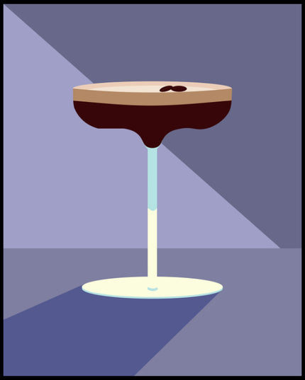 Ein Poster einer Illustration eines Espresso Martini Cocktails vor einem blauem Hintergrund.