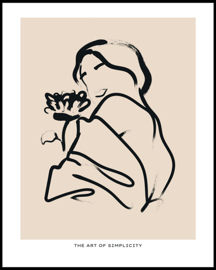 Ein Poster von einer skizzenhaften Illustration einer Frau mit einer Blume in der Hand.