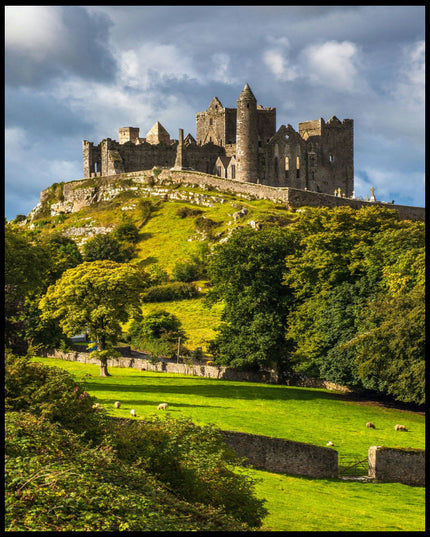 Ein Poster von den Ruinen des Rock of Cashel auf einem Hügel in Irland, umgeben von grünen Wiesen und Bäumen.