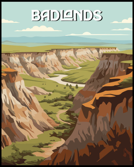 Ein Poster des Badlands Nationalparks, das eine weite, grüne Schluchtlandschaft mit schroffen Felsformationen und einem mäandrierenden Fluss zeigt.