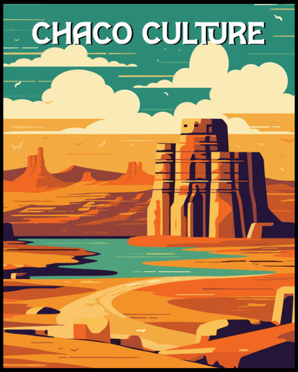 Ein Poster des Chaco Culture Nationalparks, das einen markanten Felsen in einer weiten, orangefarbenen Wüstenlandschaft zeigt.