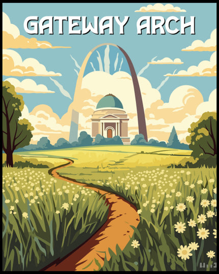 Ein Poster von einer grünen Wiese mit dem Gateway Arch im Hintergrund, einem berühmten Wahrzeichen im Gateway Arch-Nationalpark.