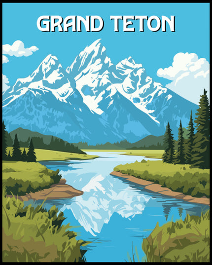 Ein Poster vom Grand Teton Nationalpark zeigt schneebedeckte Berge, die sich in einem klaren See spiegeln.