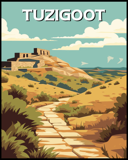 Ein Poster vom Tuzigoot Nationalpark mit einer antiken Ruine auf einem Hügel und einem steinigen Pfad, der dorthin führt.