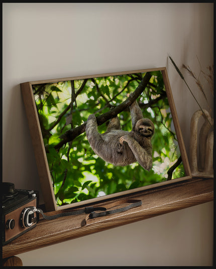 Ein gerahmtes Poster von einem Faultier, das an einem Baum hängt, auf einem Holzregal an die Wand angelehnt