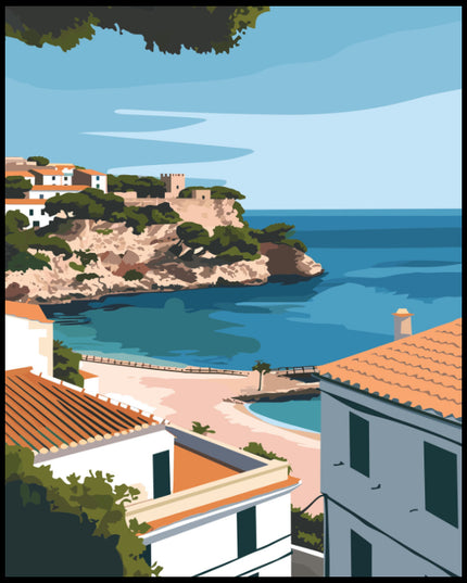 Ein Poster von Menorca, das eine wunderschöne Küstenlandschaft mit weißen Gebäuden und blauem Meer zeigt.