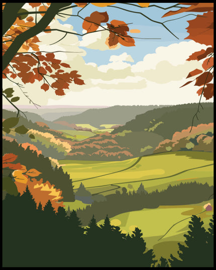 Ein Poster von Odenwald zeigt eine malerische Herbstlandschaft mit buntem Laub und sanften Hügeln.