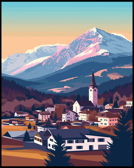 Ein Poster von Seefeld, das eine idyllische Ansicht eines Dorfes vor einer beeindruckenden Bergkulisse zeigt.