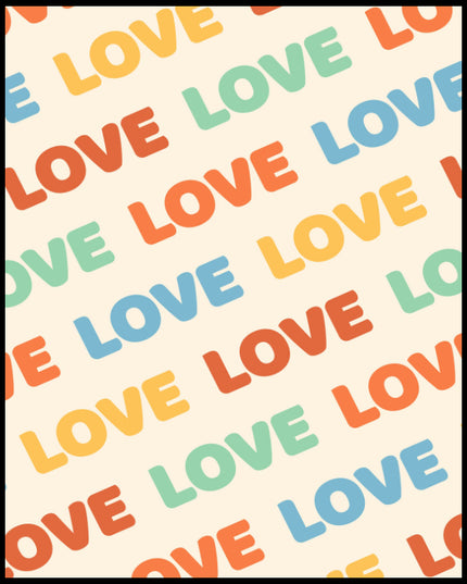 Ein Poster von einem Retro-Schriftzug "Love" mit bunten, wiederholten Buchstaben auf hellem Hintergrund.