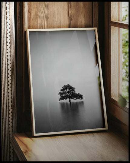 Ein gerahmtes Poster von einem einsamen Baum, der in einem ruhigen See steht, vor einem Fenster an die Wand angelehnt